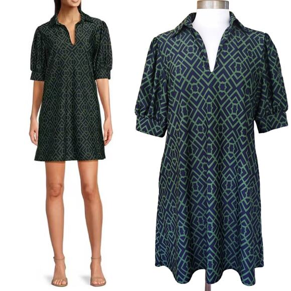 Jude Connally Dresses & Skirts - JUDE CONNALLY Emerson Puff Sleeve Mini Dress Small Garden Lattice Navy Green